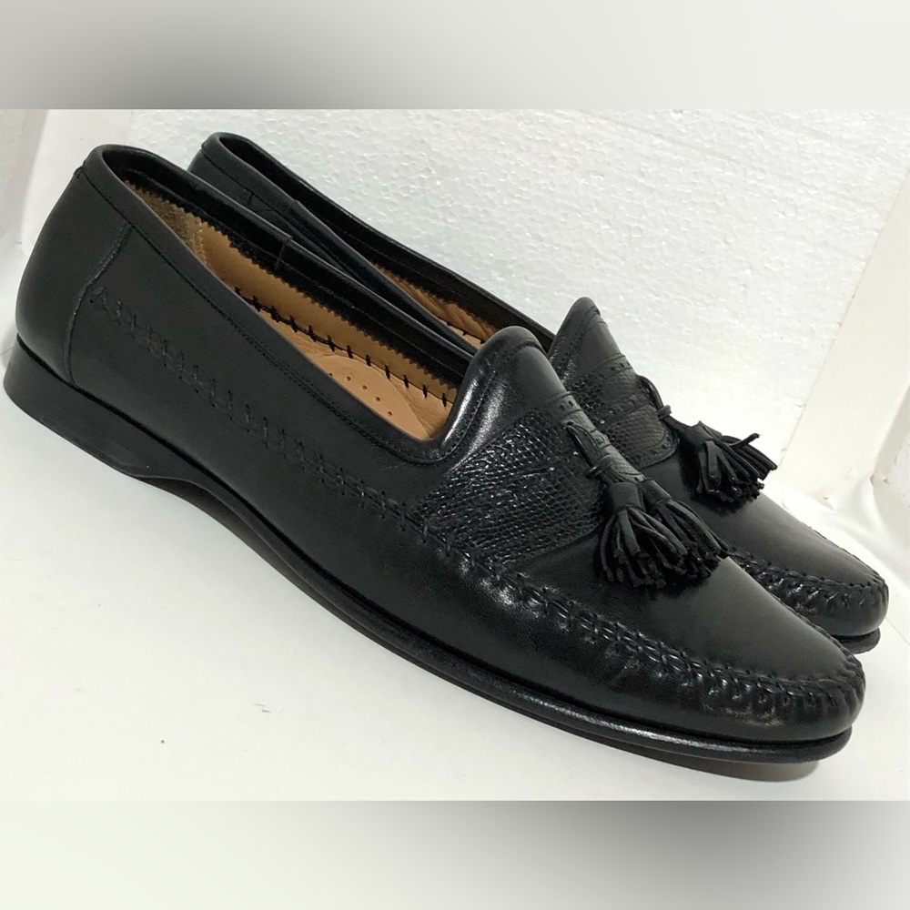 Santoni Black Leather Tassel Loafers